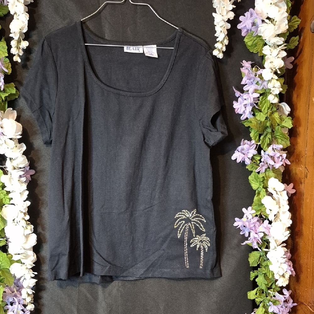 Blair Black Short Sleeve Tee with Rhinestone Palm Motif